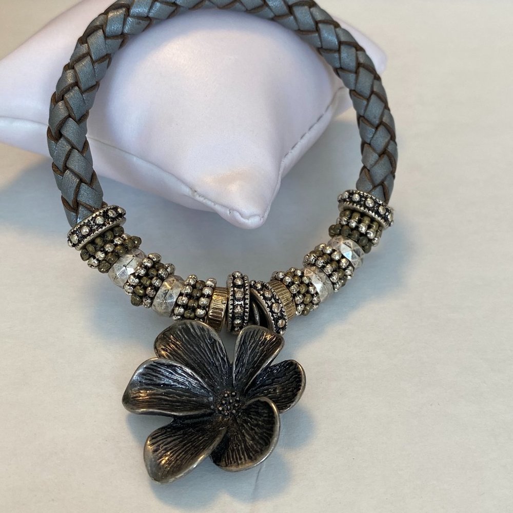 Braided Leather Bracelet with Flower Charm